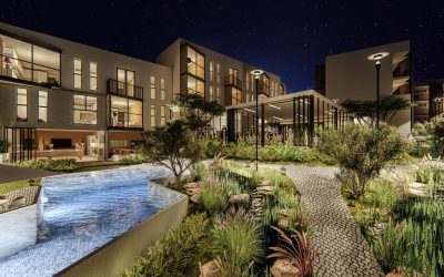 Exterior Render of Odyssey Active Living, Common Garden Night